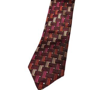 Serica Woven Italian Men's Silk Tie – Basketweave Mosaic in Plum, Tan & Pink